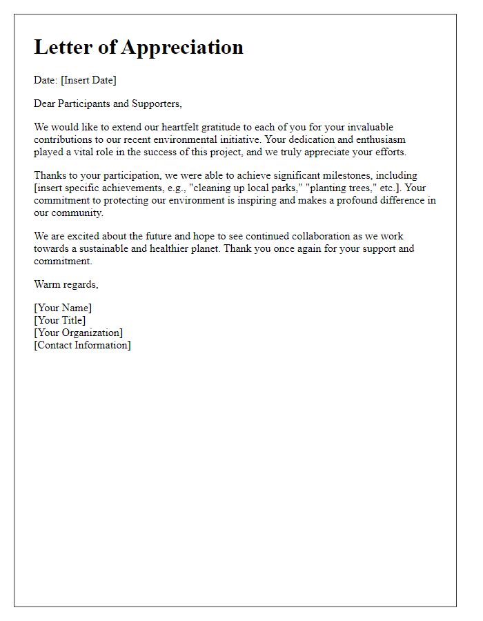 Letter template of appreciation to participants and supporters of the environmental initiative.