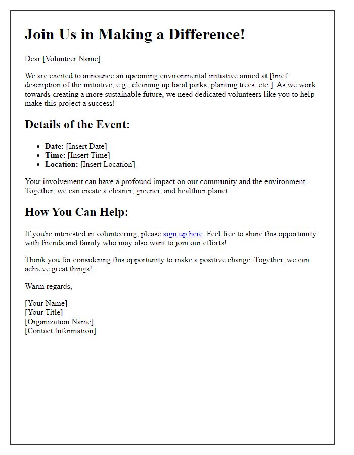 Letter template of a call to action for volunteers for the environmental initiative.