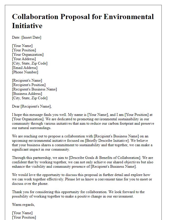 Letter template of collaboration proposal for local businesses in an environmental initiative.