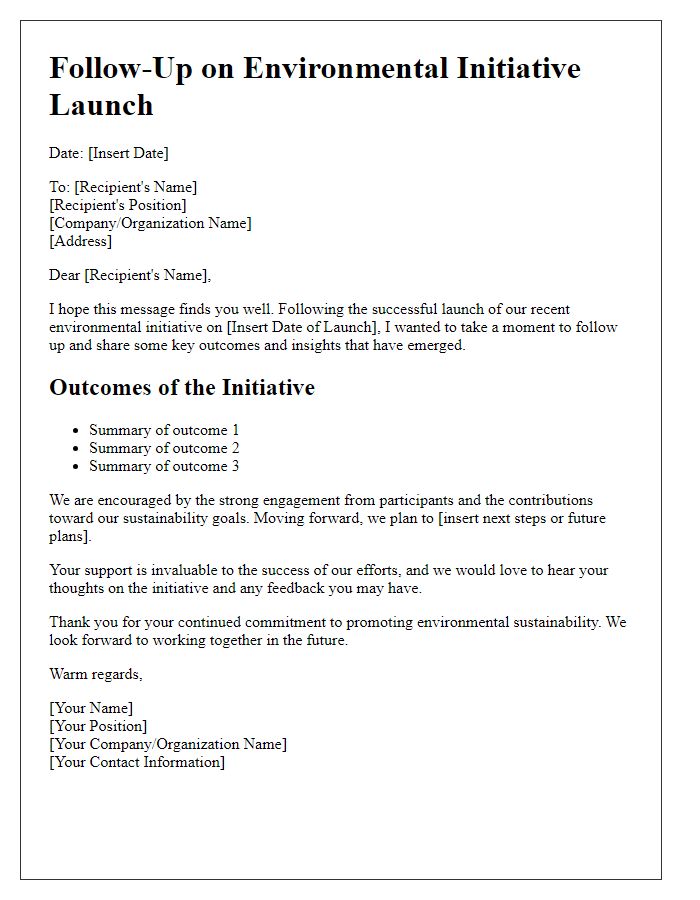 Letter template of a follow-up on outcomes from the environmental initiative launch.