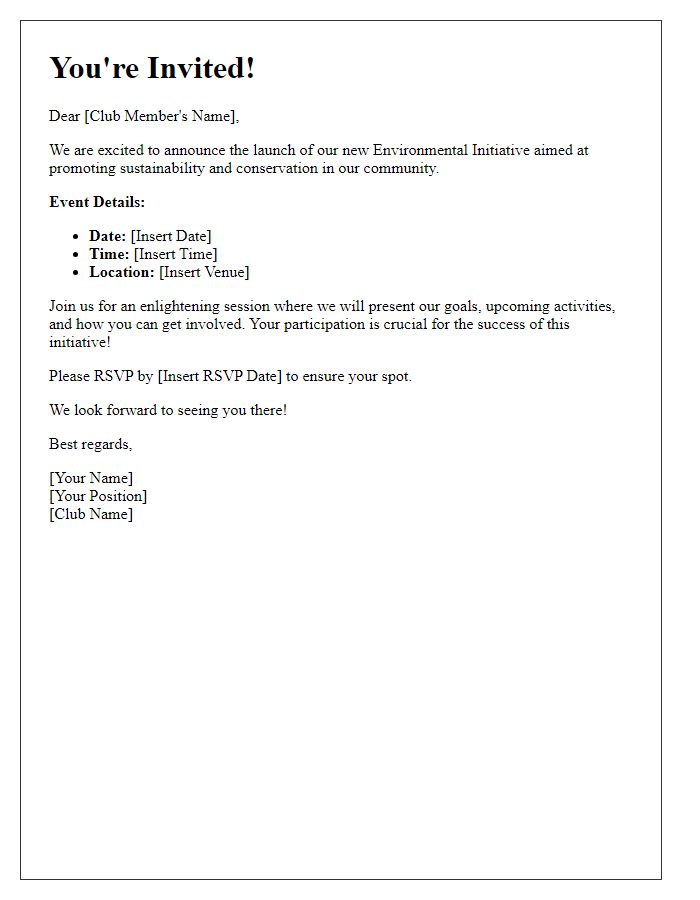 Letter template of invitation to the environmental initiative launch for club members.