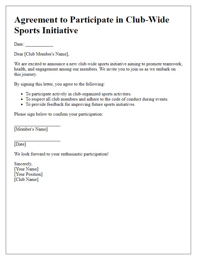 Letter template of agreement to participate in club-wide sports initiative.