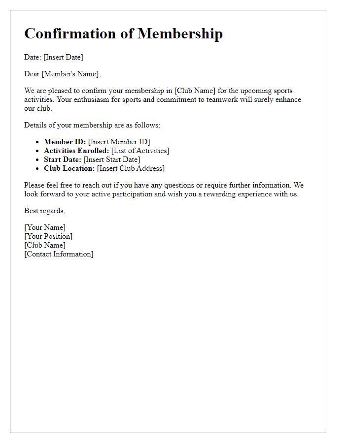 Letter template of confirmation for joining sport activities in the club.