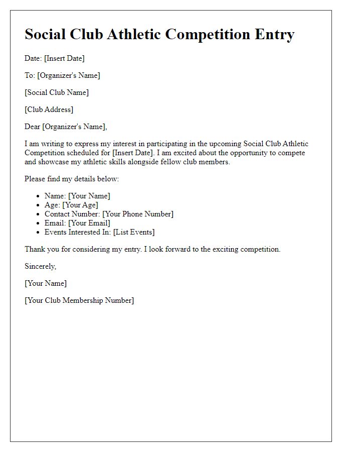 Letter template of entry for social club athletic competition.