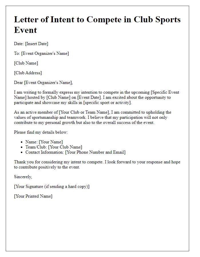 Letter template of intention to compete in club sports event.