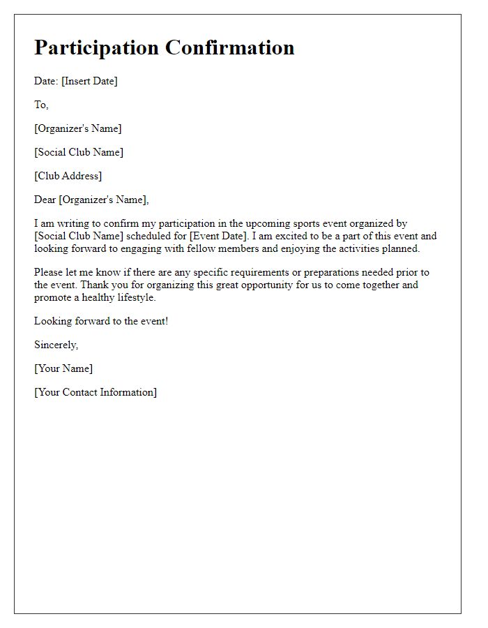 Letter template of participation in social club sports event.