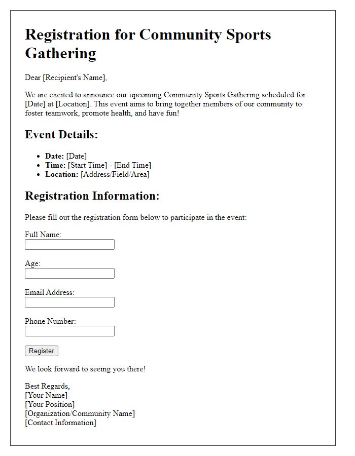 Letter template of registration for community sports gathering.