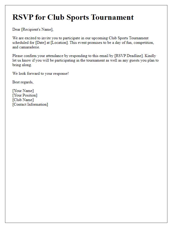 Letter template of RSVP for club sports tournament.