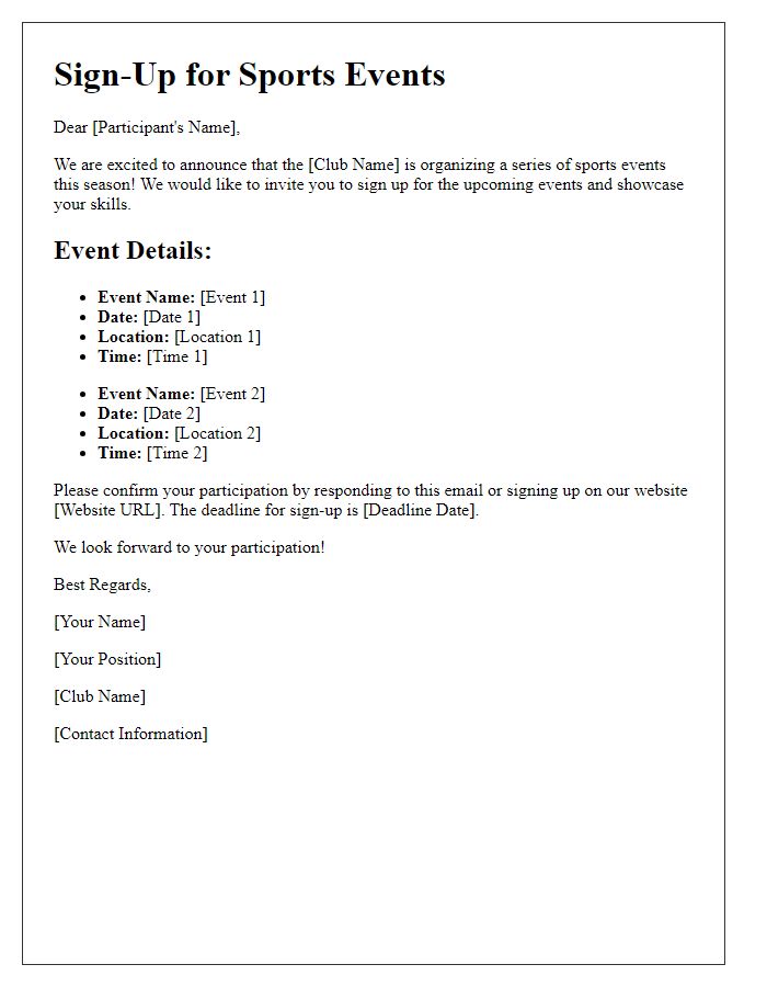 Letter template of sign-up for sports events organized by the club.