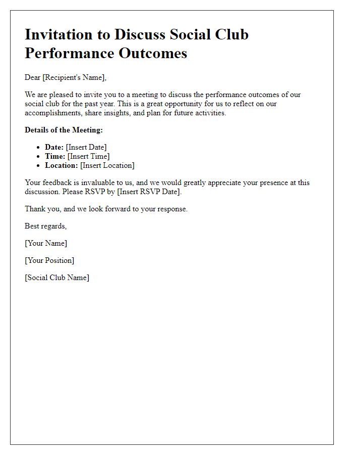 Letter template of Invitation to Discuss Social Club Performance Outcomes