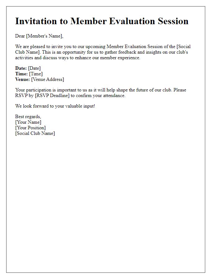 Letter template of Invitation for Social Club Member Evaluation Session