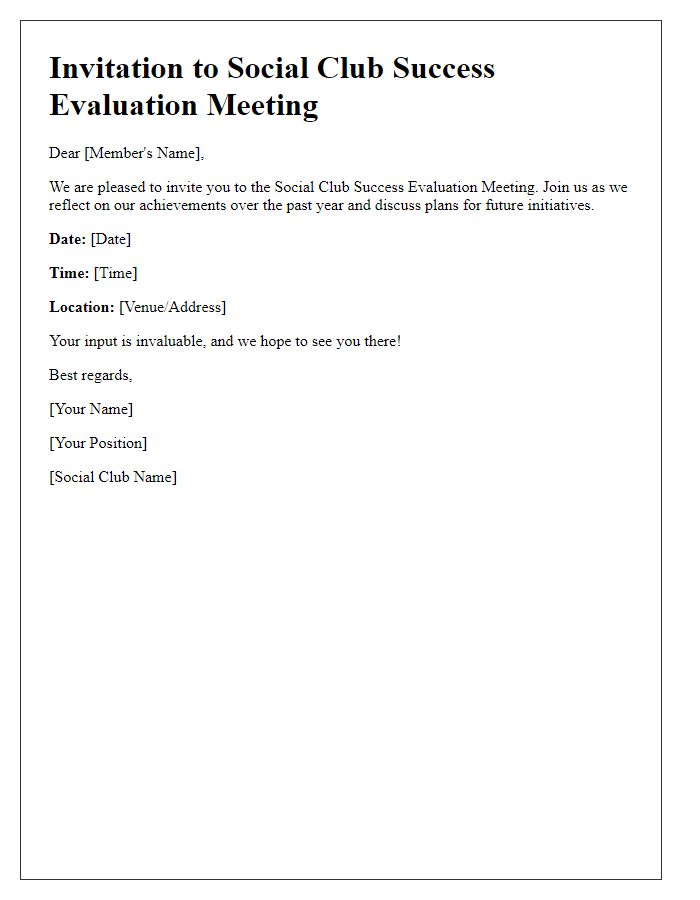 Letter template of Invitation to Social Club Success Evaluation Meeting