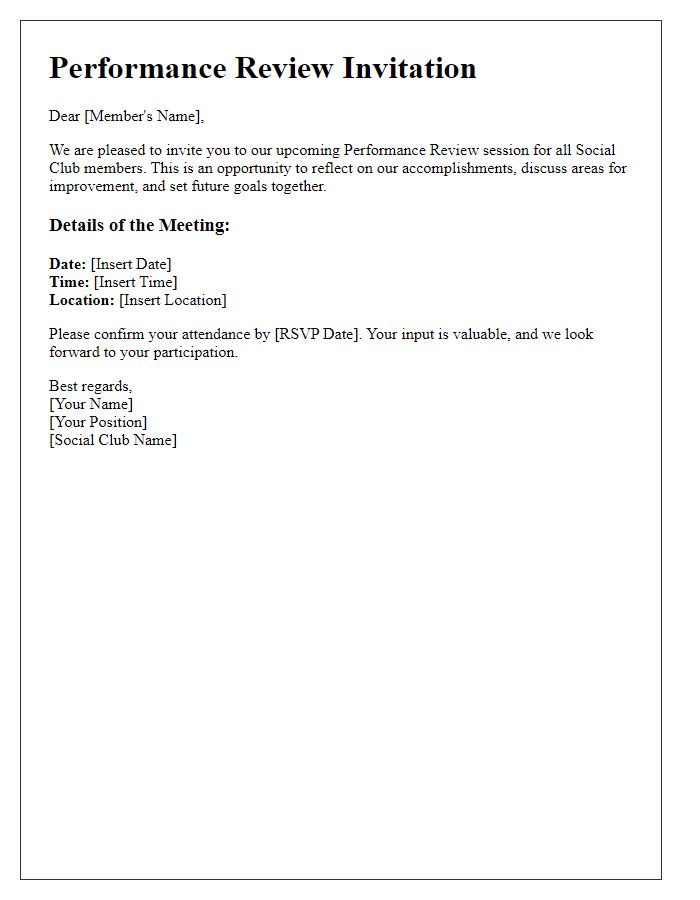 Letter template of Performance Review Invitation for Social Club Members