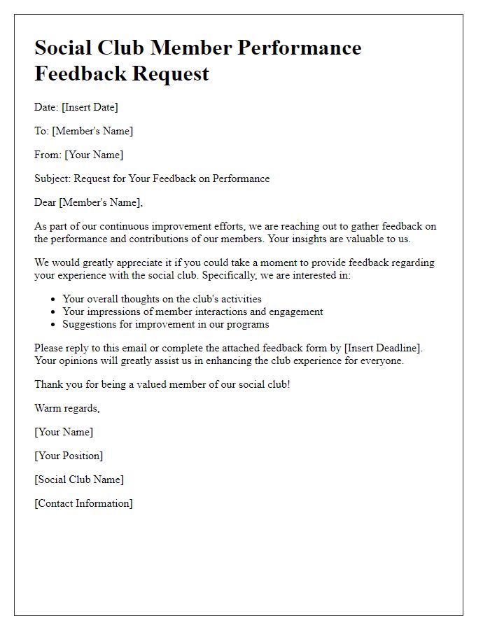 Letter template of Social Club Member Performance Feedback Request