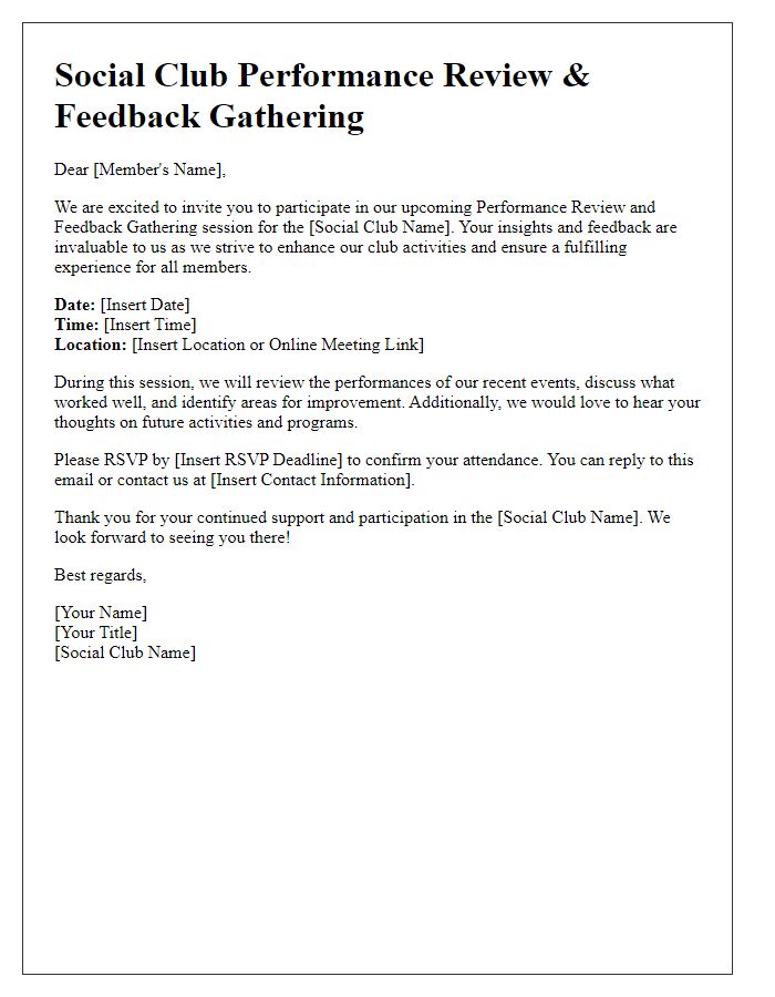 Letter template of Social Club Performance Review and Feedback Gathering Invitation