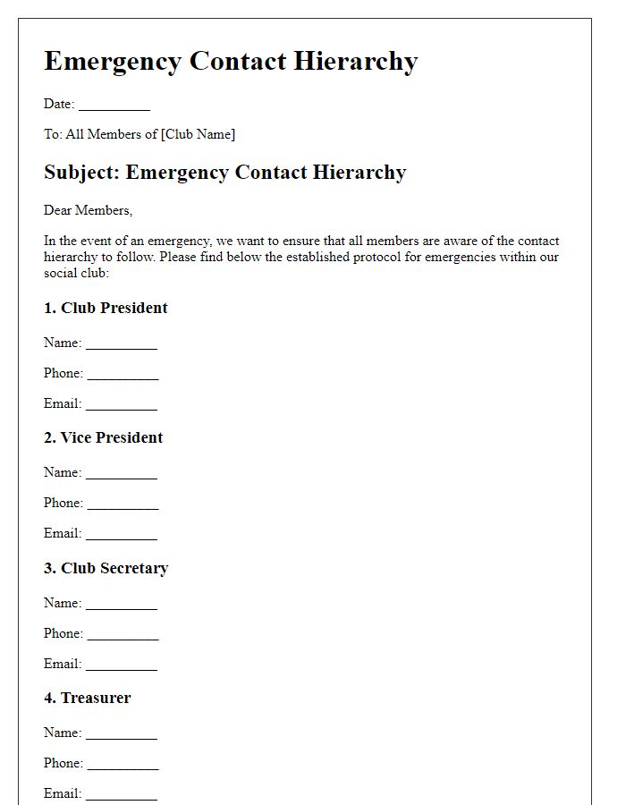 Letter template of contact hierarchy for emergencies in social club settings