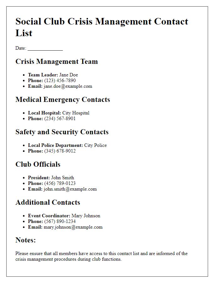 Letter template of crisis management contacts for social club functions