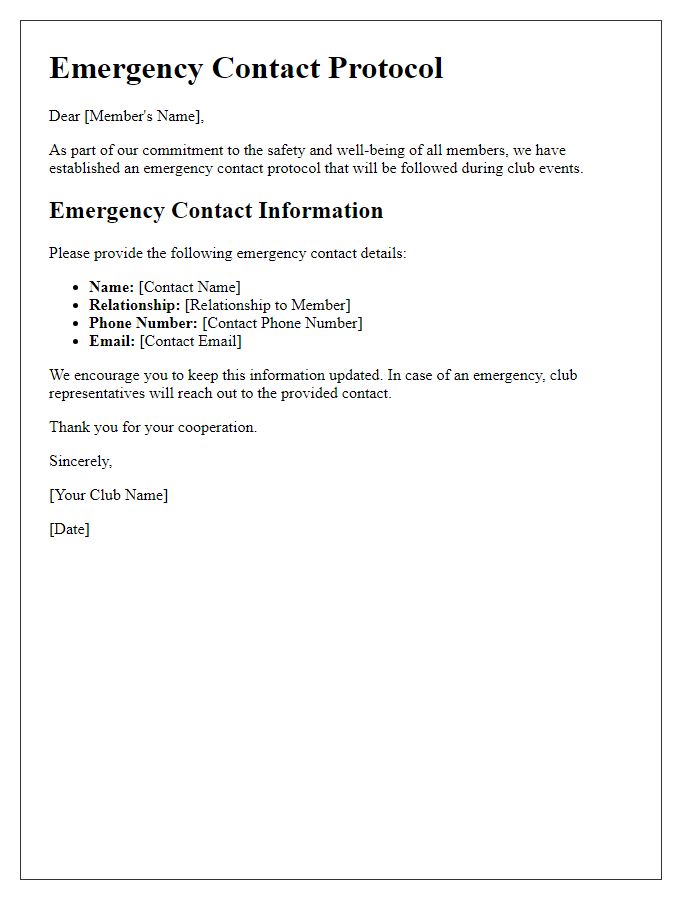 Letter template of emergency contact protocol for social club members