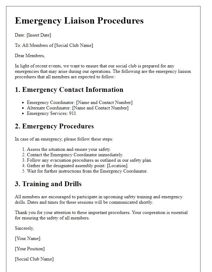 Letter template of emergency liaison procedures for social club operations