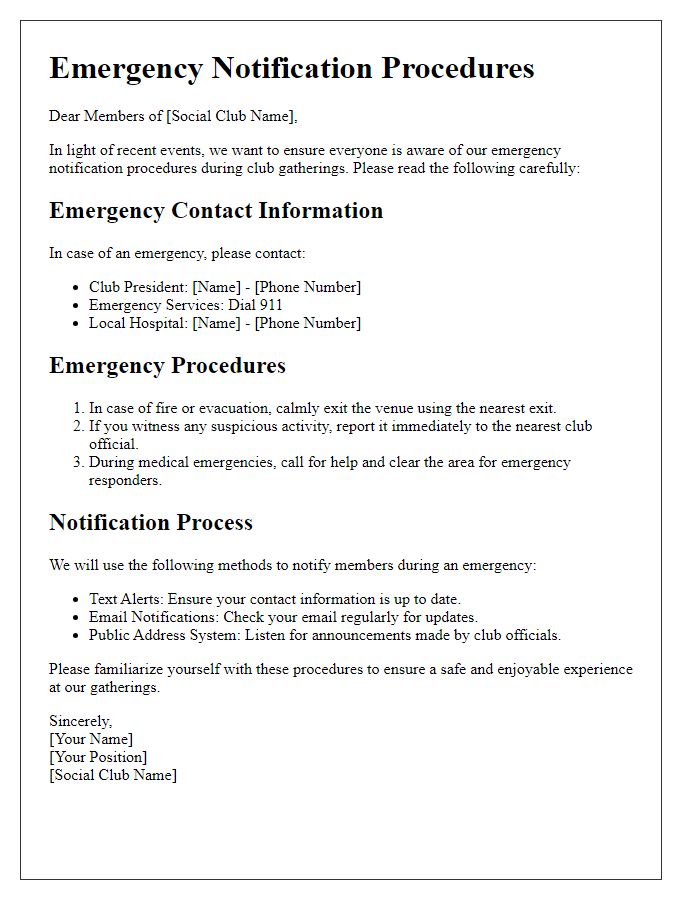 Letter template of emergency notification procedures for social club gatherings