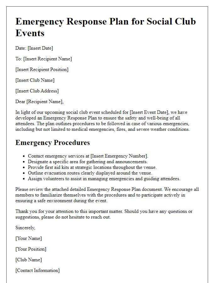 Letter template of emergency response plan for social club events