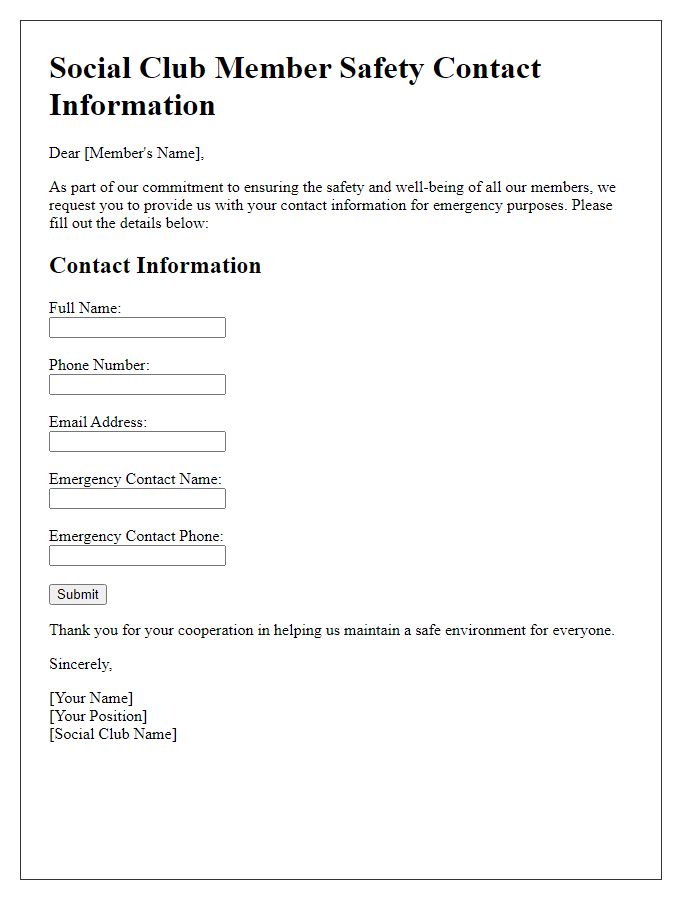 Letter template of member safety contact information for social club