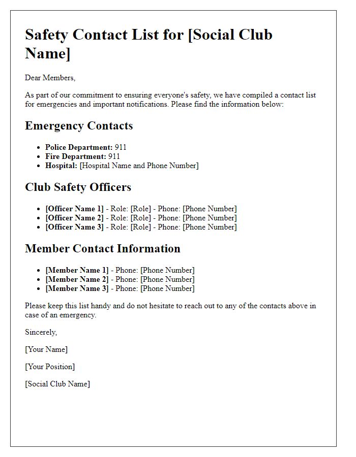 Letter template of safety contact list for social club members