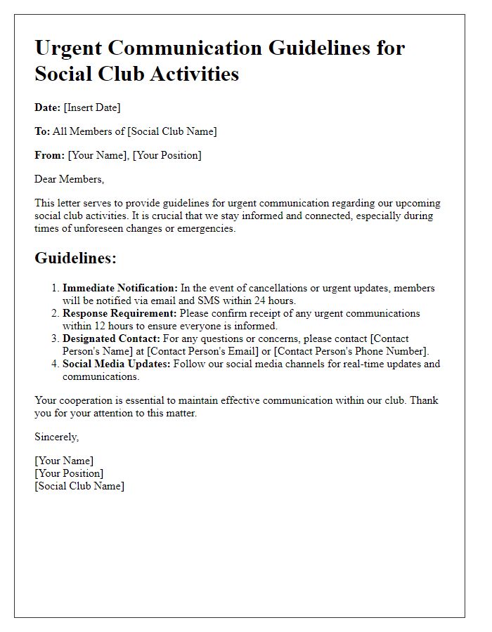 Letter template of urgent communication guidelines for social club activities