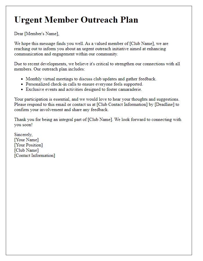 Letter template of urgent member outreach plan for social club