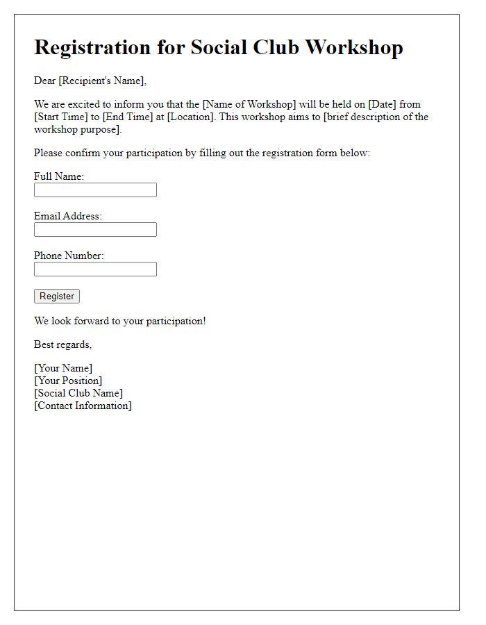 Letter template of registration for a social club workshop.