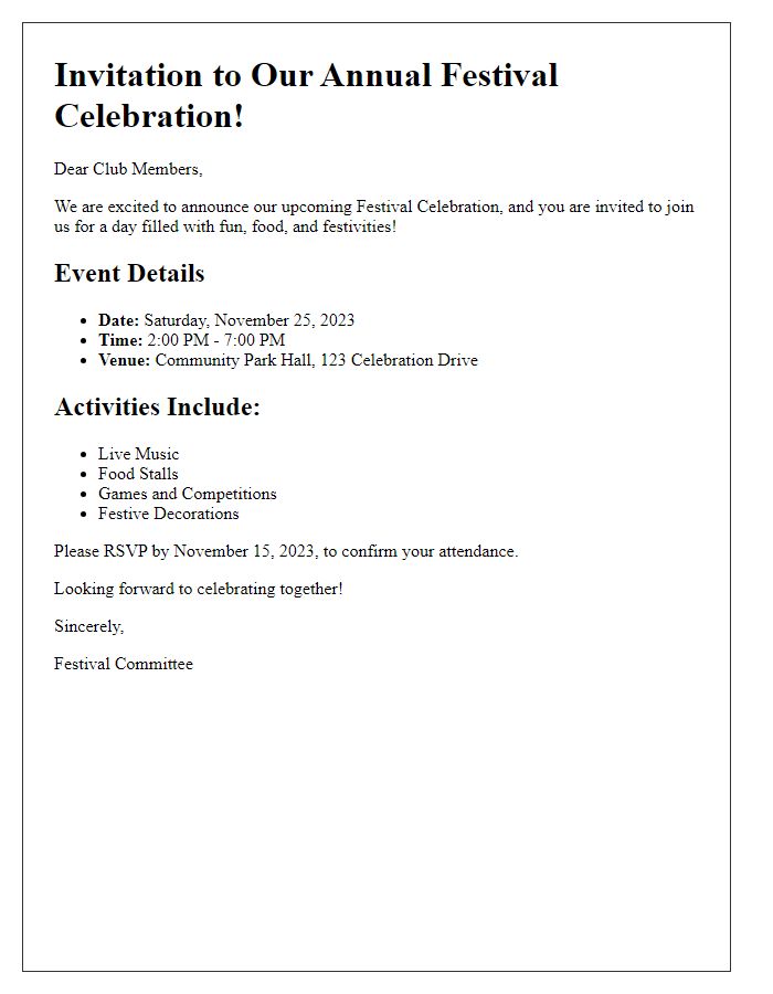 Letter template of festival celebration details for social club participants.