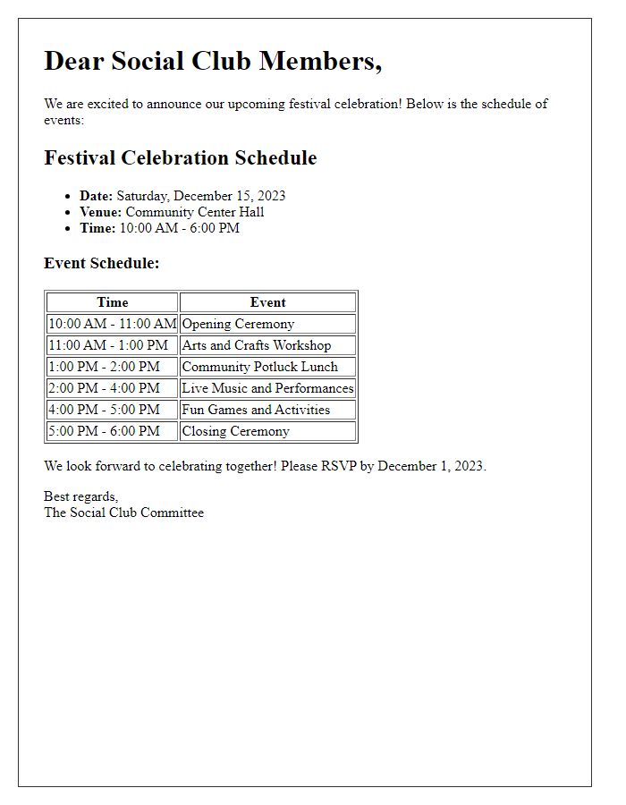 Letter template of festival celebration schedule for social club attendees.