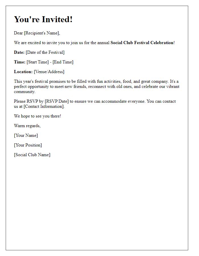 Letter template of invitation to join the social club festival celebration.