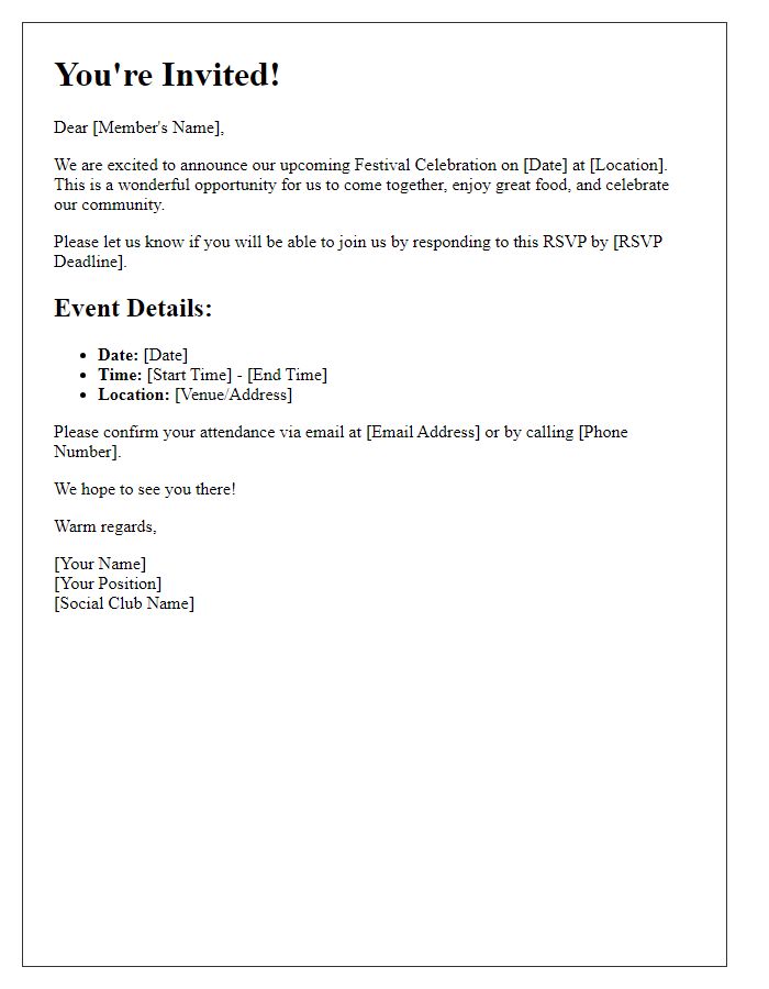 Letter template of RSVP request for social clubs festival celebration.