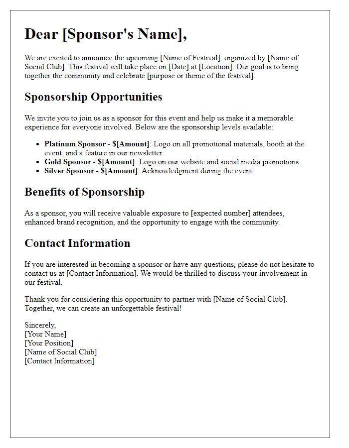 Letter template of sponsorship information for social club festival.