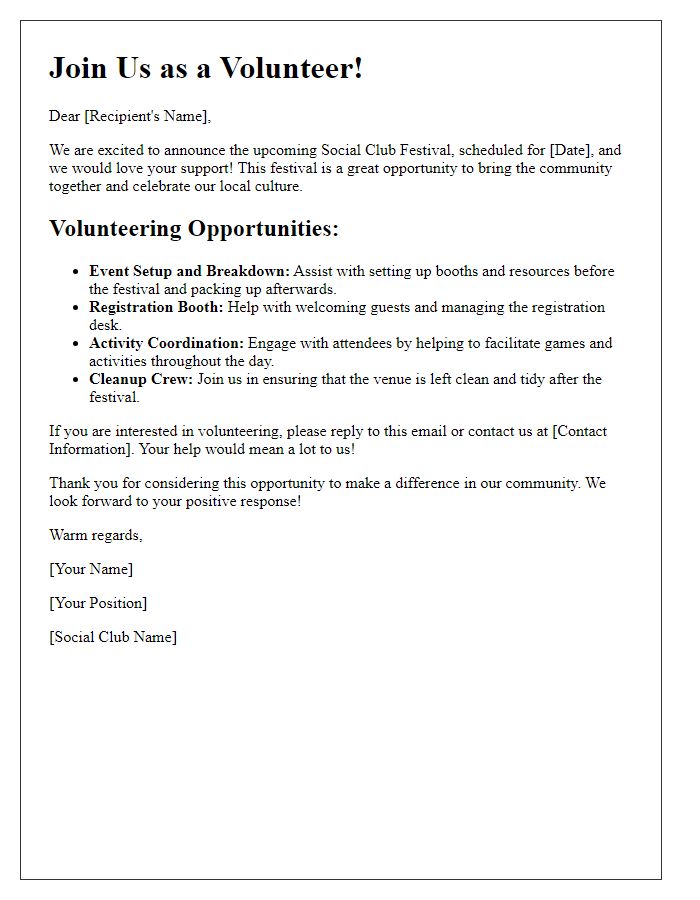 Letter template of volunteering opportunities for social club festival.