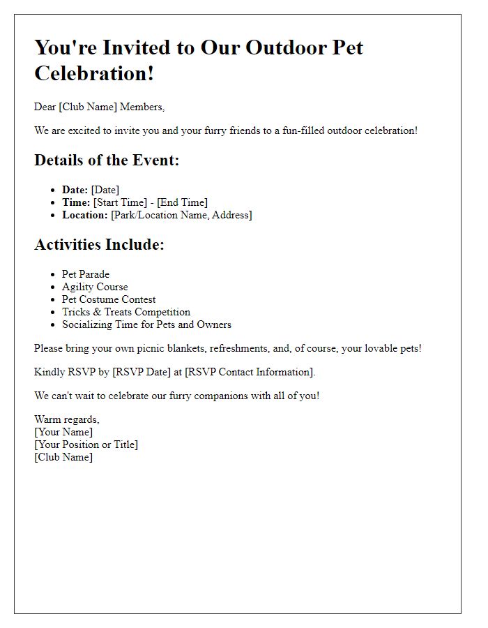 Letter template of an outdoor pet celebration invitation for social club enthusiasts.