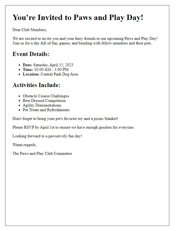 Letter template of paws and play day invitation for club members and their pets.