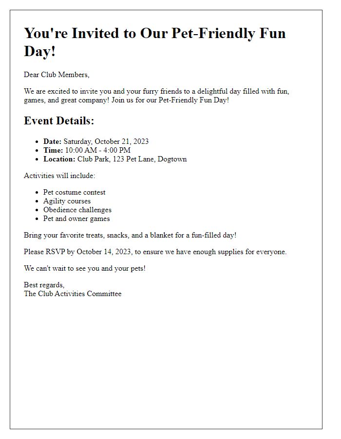 Letter template of a pet-friendly fun day invitation for our club members.