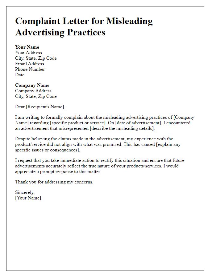 Letter template of complaint for misleading advertising practices