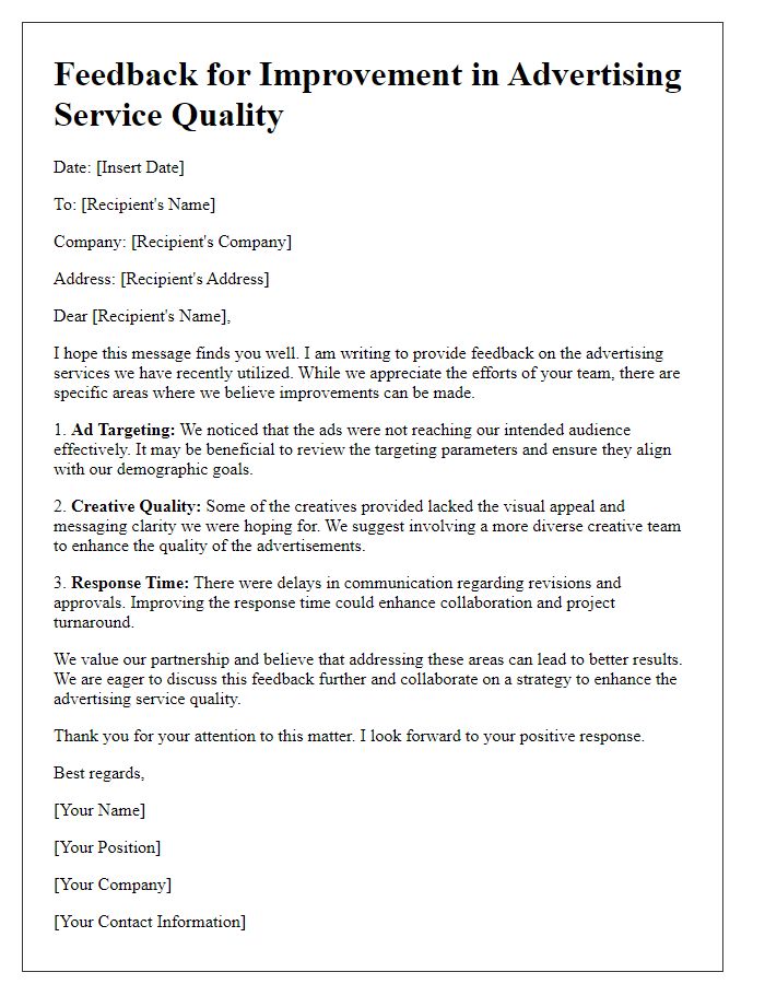 Letter template of feedback for improvement in advertising service quality