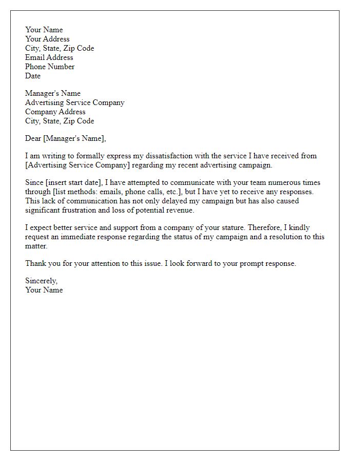 Letter template of formal complaint about unresponsive advertising service