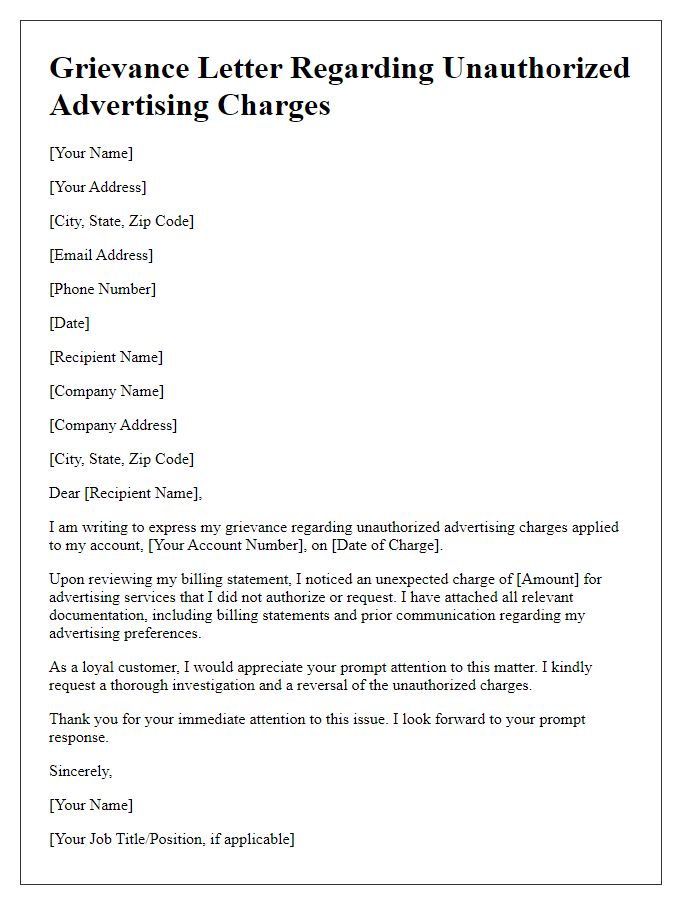 Letter template of grievance for unauthorized advertising charges