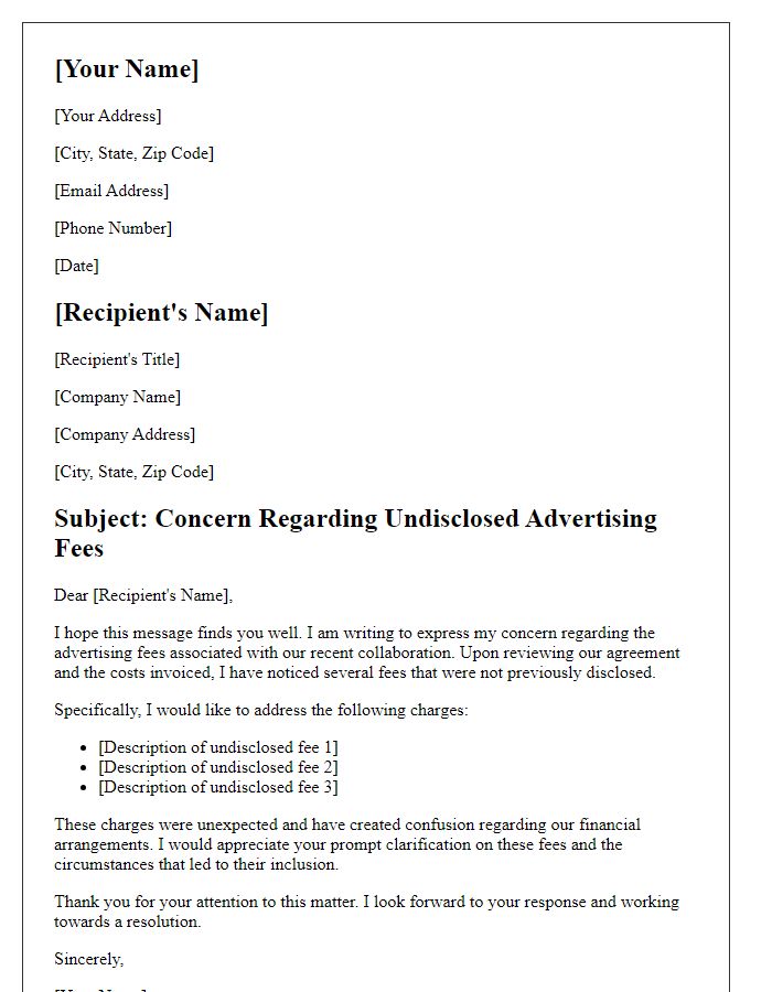 Letter template of issue regarding undisclosed advertising fees