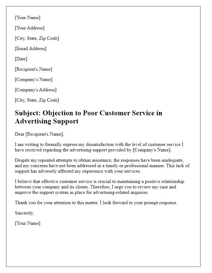 Letter template of objection to poor customer service in advertising support