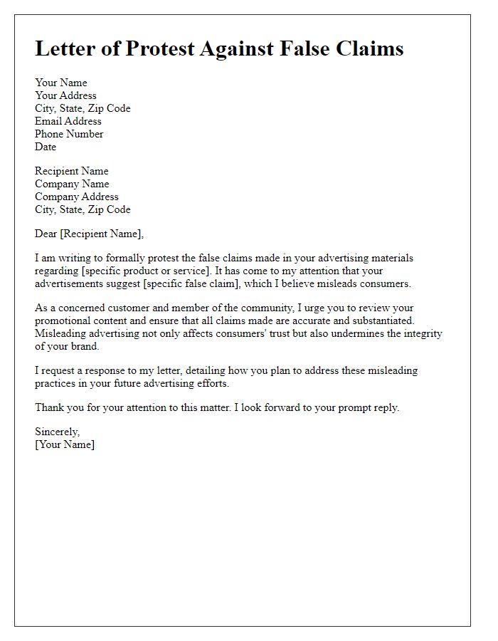 Letter template of protest against false claims in advertising material