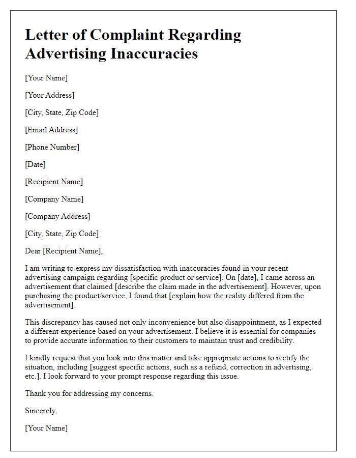 Letter template of service complaint regarding advertising inaccuracies