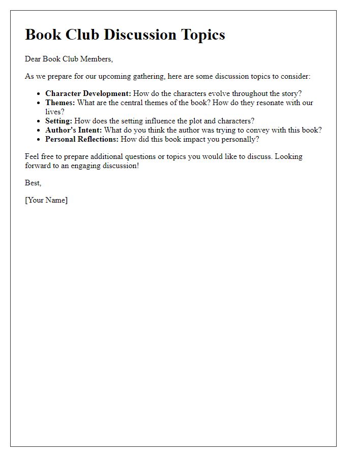 Letter template of book club discussion topics for social club gatherings.