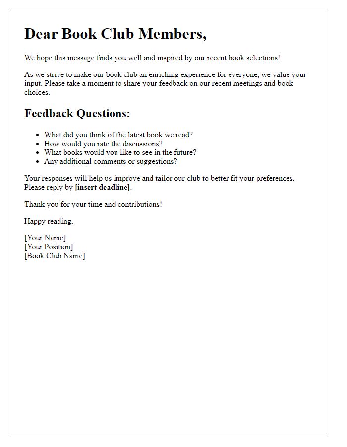 Letter template of book club feedback request for social club members.