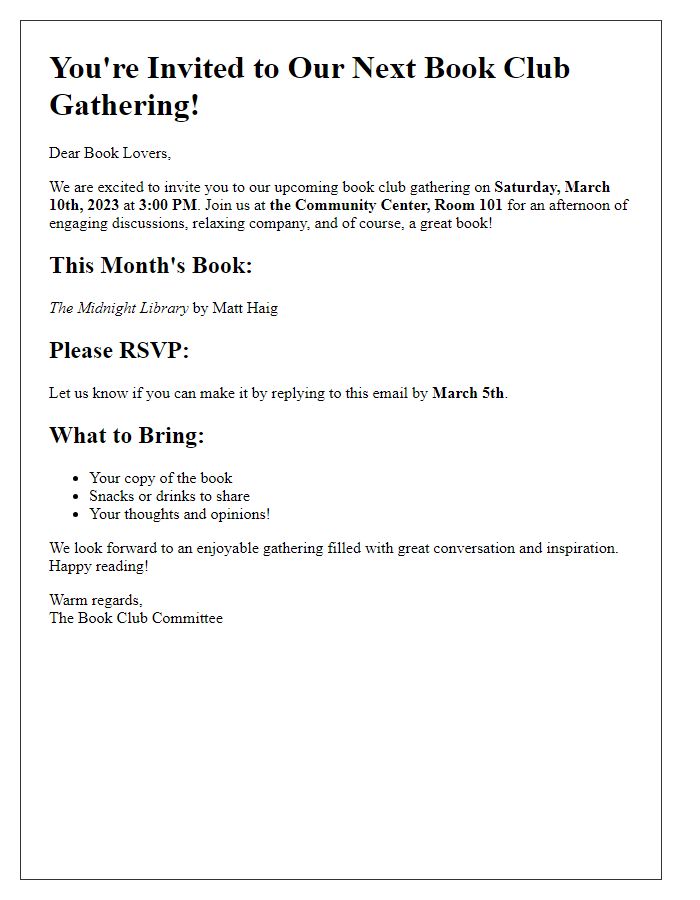 Letter template of book club gathering invitation for social club participants.